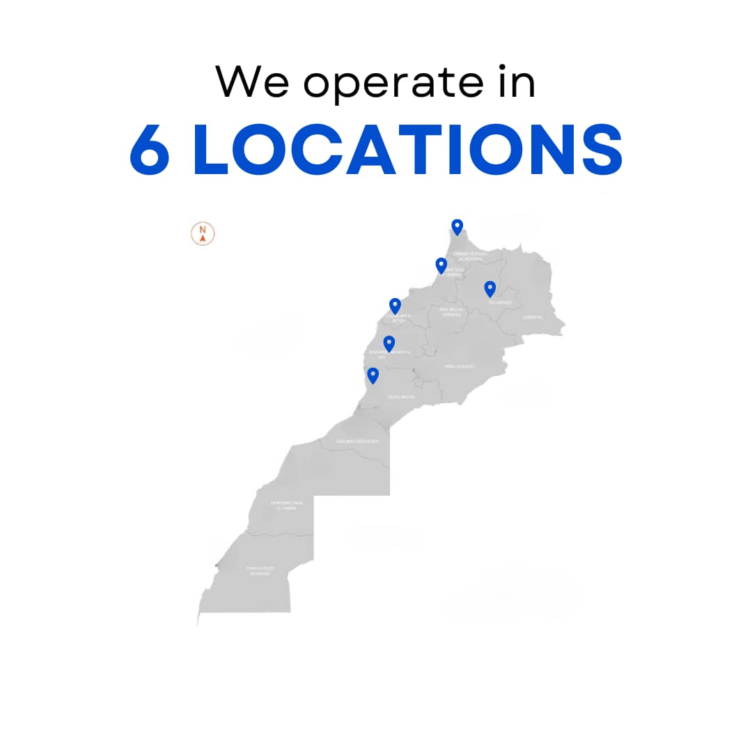 réseau : zone de service, Tanger, Tétouan, Ksar el Kebir, Rabat, Fès, Al huceima, Nador, Marrakech, Casa Blanca, Larache
